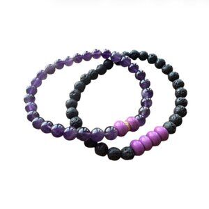 Set of 2 men's stretch bracelets - Lava & Amethyst 6 mm beads , 8" NWT (MJW033)